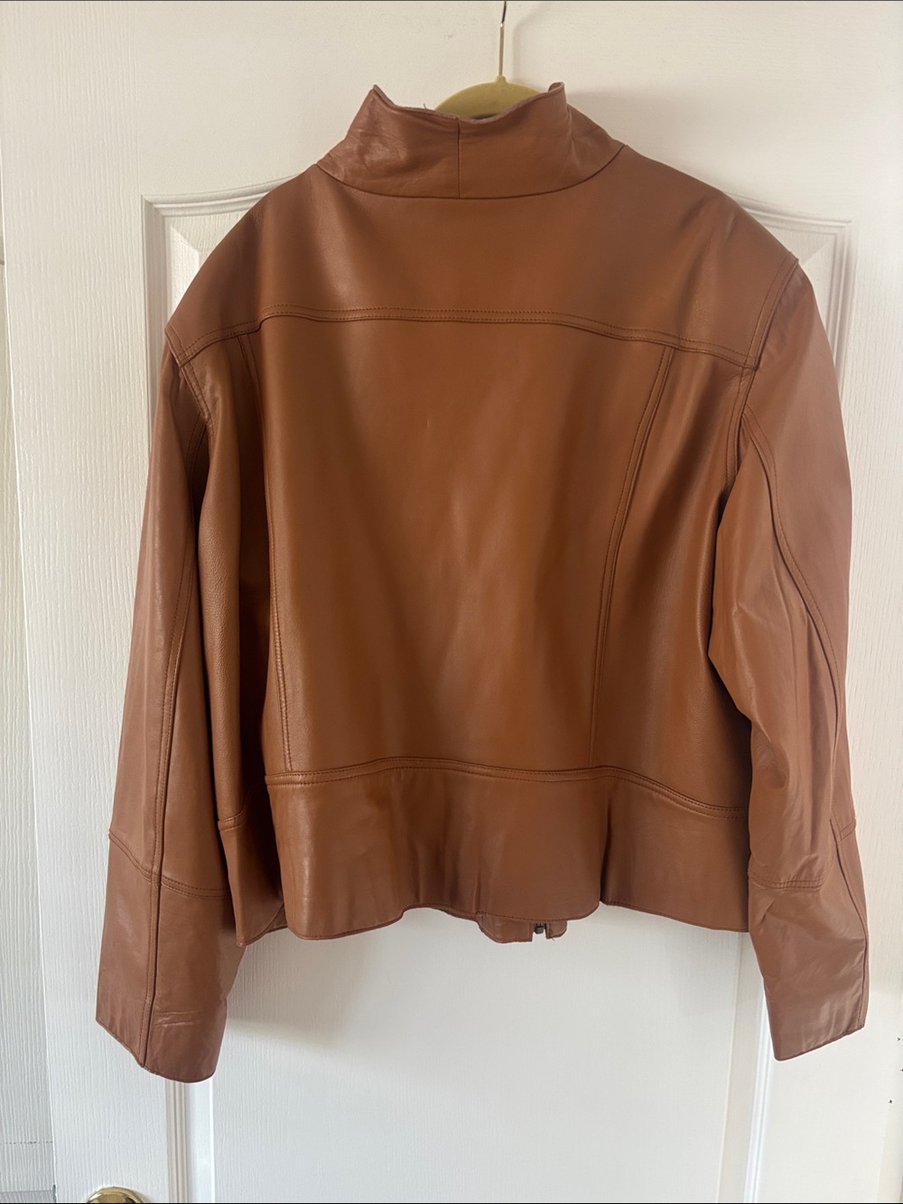 VINTAGE Women's Funnel Neck Leather Jacket - Warm Carmel SZ 3X - Picture 8 of 15